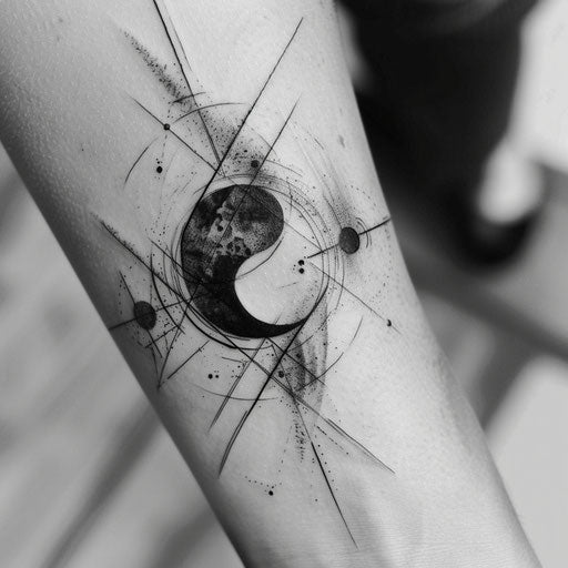 Abstract yin and yang tattoo in black and grey on white
