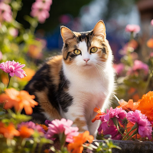 Calico cat in a flower bed with beautiful flowers