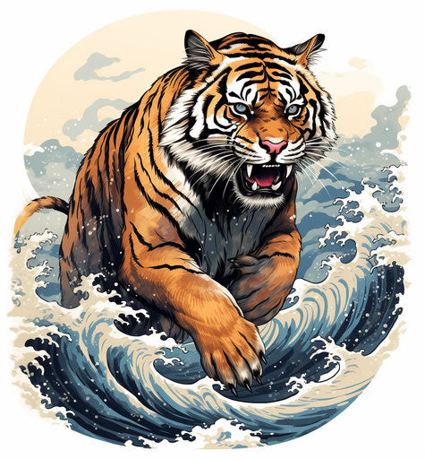 Tiger jumping in neo-traditional Japanese style