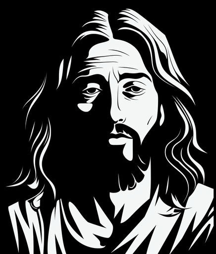 Black and white artistic portrayal of Jesus in simplistic vector style
