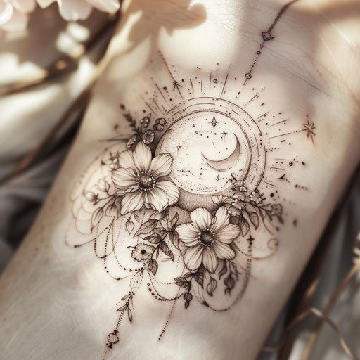 Enchanting tattoo sketch of a sun and moon with floral motifs, soft watercolor effect