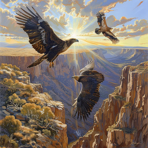 Wedge-tailed eagle teaching to fly in sunlit canyon
