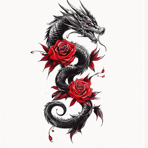 Dragon and rose tattoo sketch in black and red