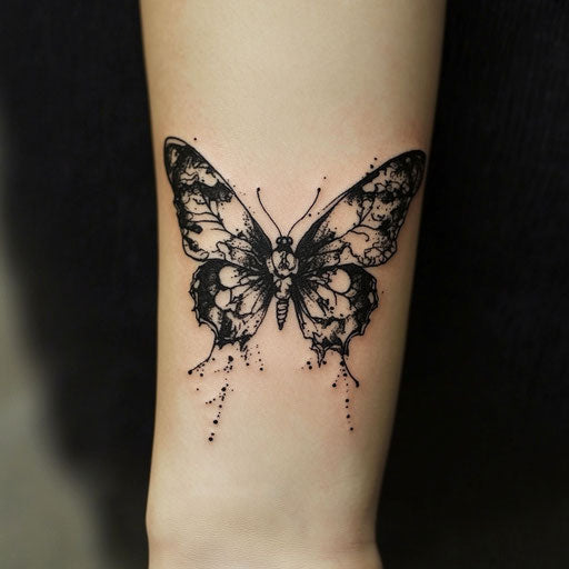 Skull butterfly tattoo on the wrist with gothic themes