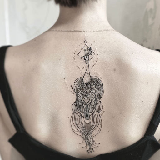 Art Deco inspired peacock tattoo on white background