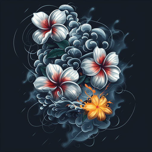 Dramatic flat tattoo sketch of plumeria in the storm