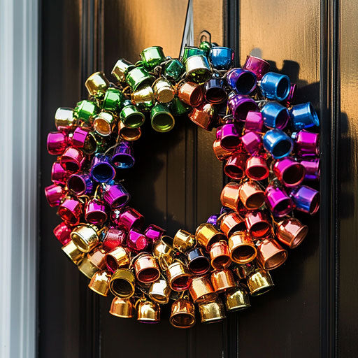Wreath of jingle bells in festive colors on a door