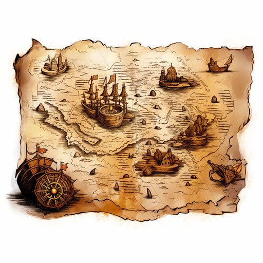 Treasure map in Chiaroscuro Art style, on white background