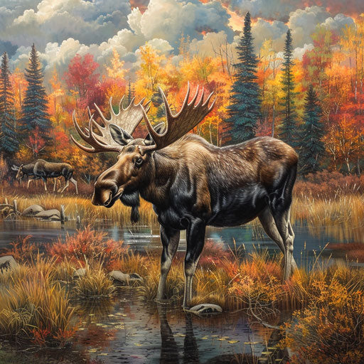 A moose navigating through marshlands with vibrant autumn foliage