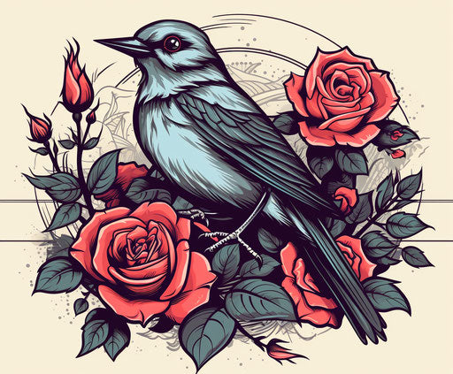 Bird in a tattoo with roses on each side