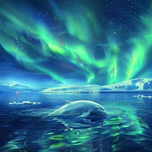 Beluga gracefully navigating under the Northern Lights