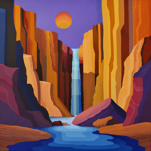 Waterfall in a stylized desert scene with bold colors