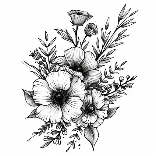 Flat tattoo sketch of a monochrome wildflower bouquet