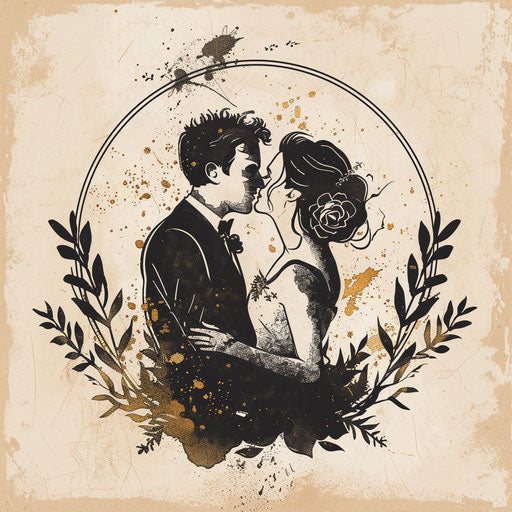 Hand-drawn wedding logo with rustic background and artistic elements