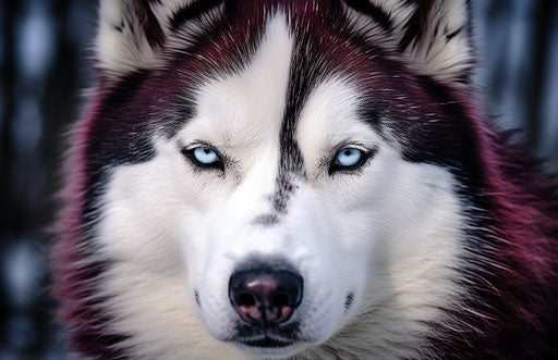 Husky dog portrait in light maroon and blue