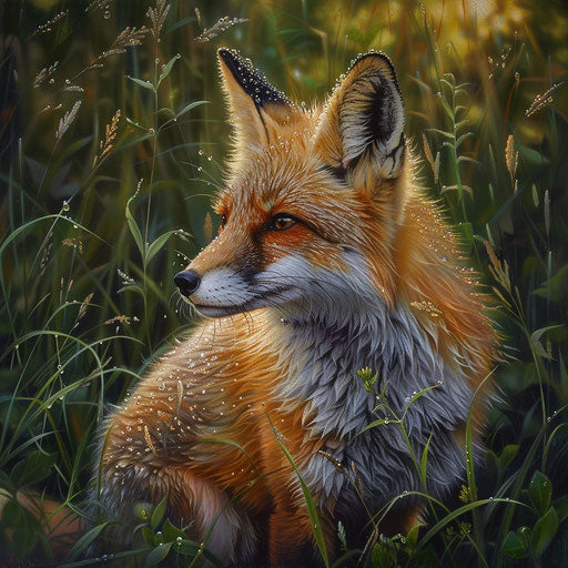 White tail fox at dawn with dewdrops on fur