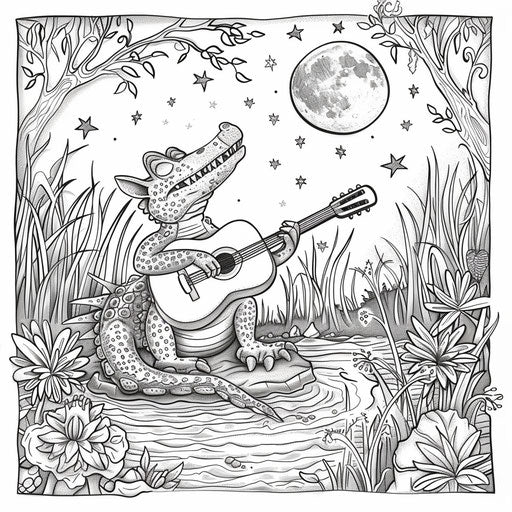 A whimsical crocodile playing a guitar under the moonlight. Coloring book page