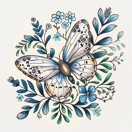Sweet sketch of a butterfly surrounded by small flowers