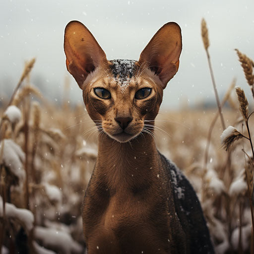 Oriental shorthair cat in a snowy field