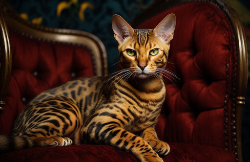 Bengal cat sitting on couch arm rest in primitive style