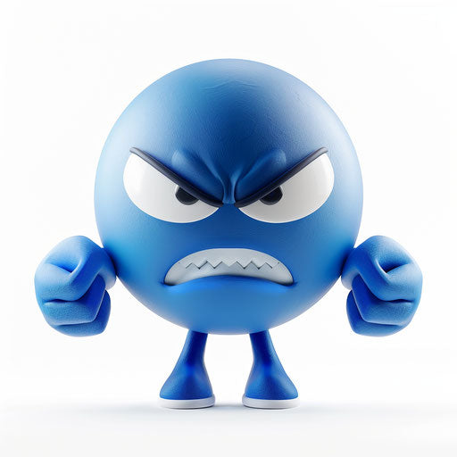 Angry blue emoji with white hands, simple design