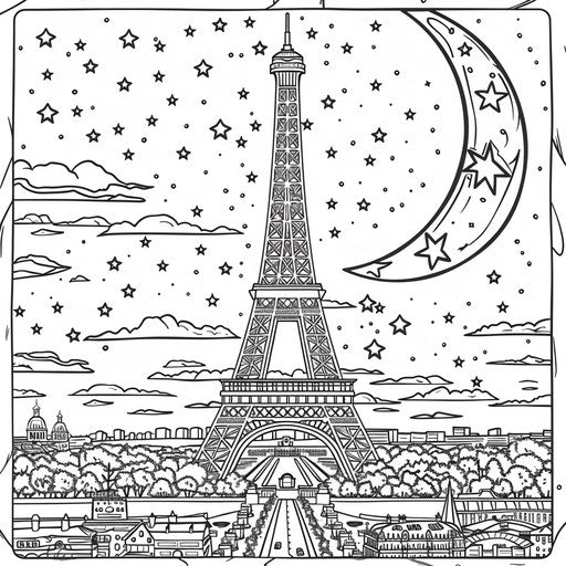 Eiffel Tower at night with twinkling lights and starry sky