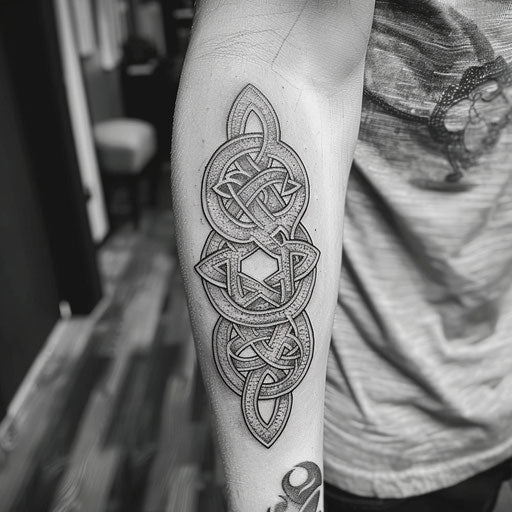Celtic symbols patchwork tattoo in the style of Glenn Fabry