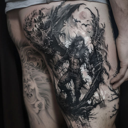 Gritty and detailed thigh tattoos for men