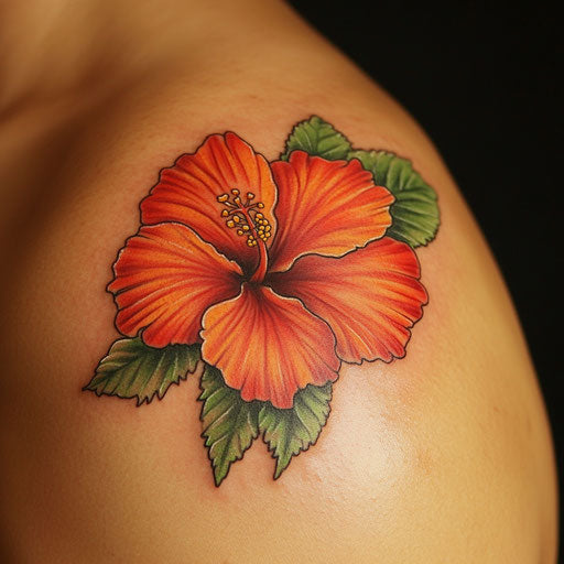 Hibiscus flower tattoo on Pure White Background in Ed Hardy style on shoulder blade