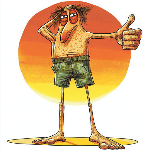Humorous caricature of a sunset with exaggerated human characteristics