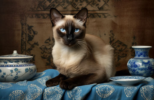 A Siamese cat in her bedroom, provia style beige and blue
