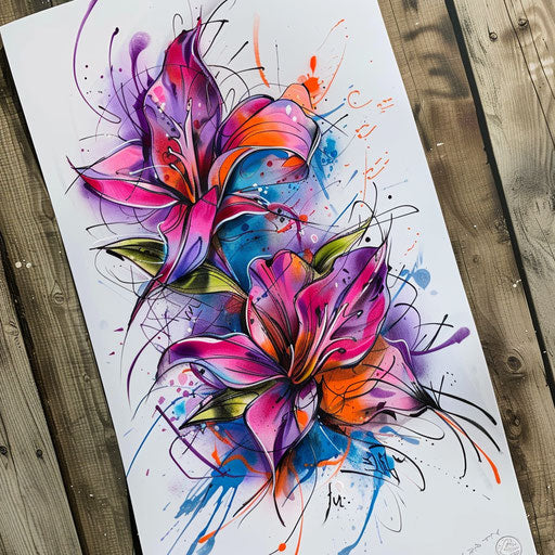 Lilac graffiti-style tattoo with vibrant street art colors