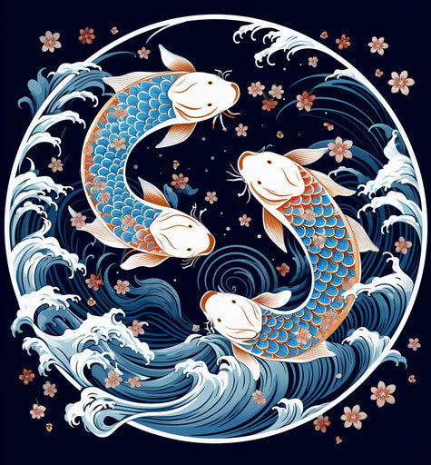Two koi fish in a sea wave