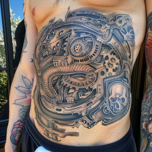 Intricate biomechanical stomach tattoo designs