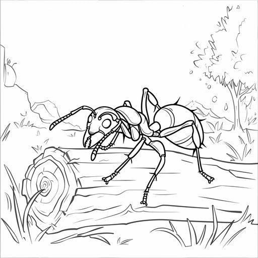 Ant on a log, perfect for coloring. Coloring book page