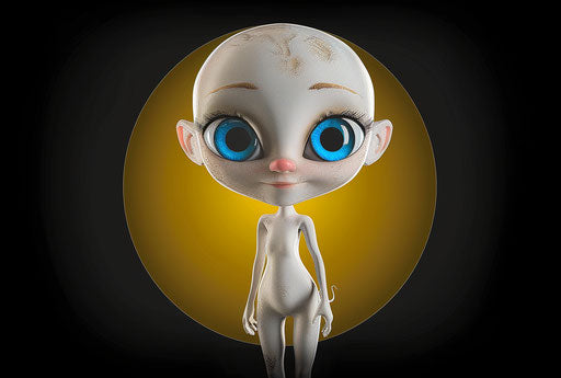 3D character with blue eyes on black and yellow background