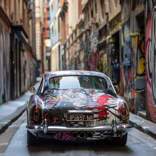 Graffiti art-covered Aston Martin DB6, fusion of classic car culture and urban street art, showcased in an alley.