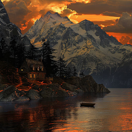 Sunset behind a mountain lodge