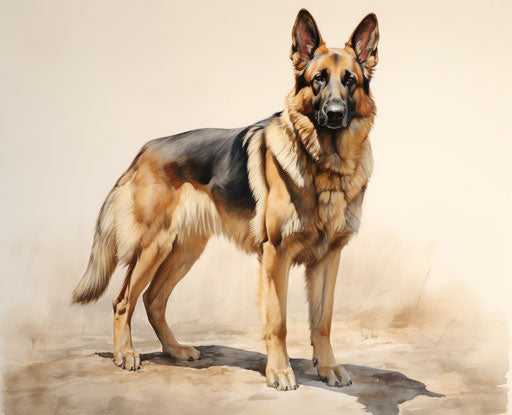 Black and tan German shepherd in realistic watercolor