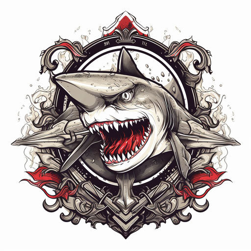 Shark with swords and banner on white background, art deco style