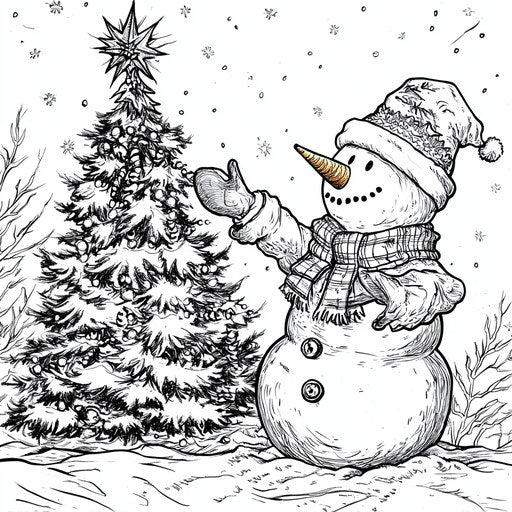 Snowman decorating Christmas tree, Megan Hess style, coloring page.