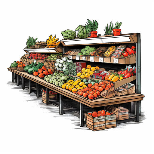 Supermarket illustration in the style of Chiaroscuro Art