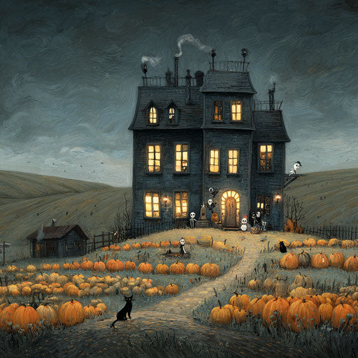 Classic Haunted House and Glowing Pumpkins