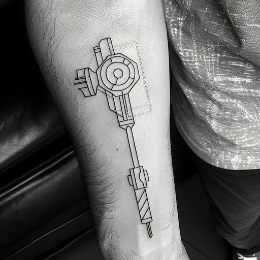 Minimalist flat tattoo sketch of a sleek modern piston silhouette