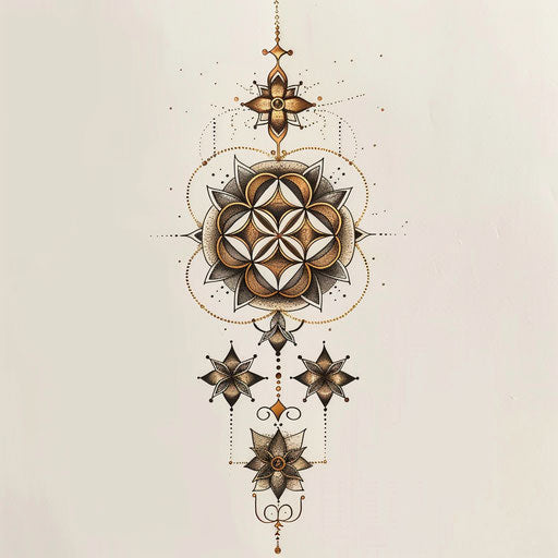 Geometric tattoo sketch of the Flower of Life with metallic gold accents