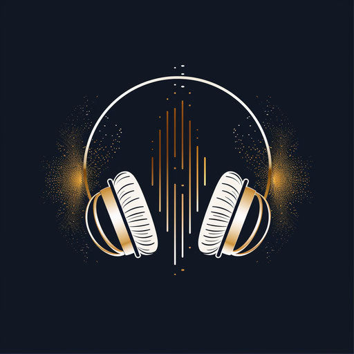 White and gold audio logo on dark background