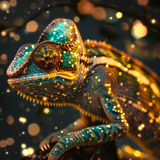 A dazzling chameleon at a gala in the sparkling lights