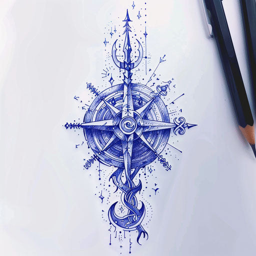 Celestial tattoo sketch of a Viking compass, clipart style with midnight blue and starry accents
