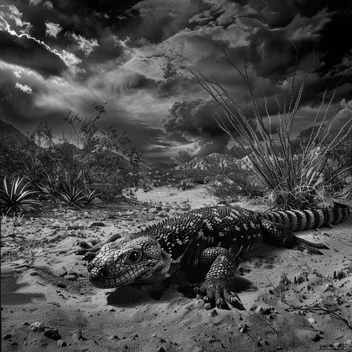 Gila monster in a dramatic monochrome desert setting