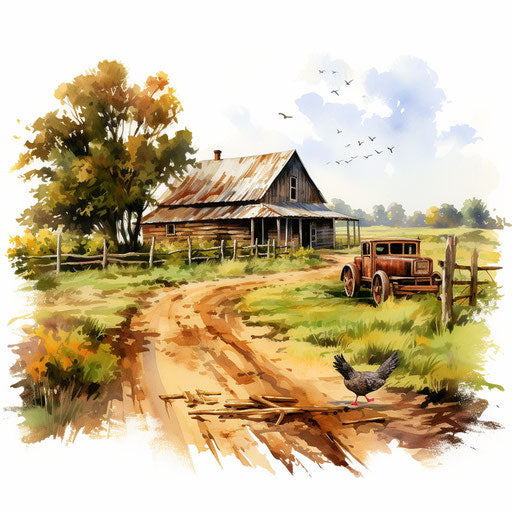 Country landscape in oil painting style on white background